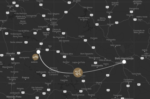 Mapa mostrando a localização e o itinerário adotado para chegar ao aeroporto de Araxá, e dessa forma ao Grande Hotel Termas de Araxá. 